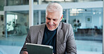 Reading, smile or business man with tablet in office, planning or check report for fund management. Review portfolio performance, happy or wealth manager monitor assets, track trading market or tech