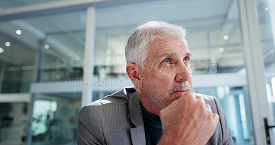 Buy stock photo Thinking, ideas and mature businessman in office for decision, reflection or memory in finance career. Planning, professional and male financial manager with choice for job development in workplace.