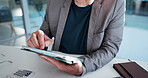 Businessman, hands and finance with tablet for budget planning, project cost or expenses in office. Man, accountant or tax collector with technology for financial analysis or audit in workplace