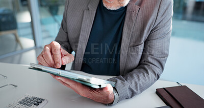Buy stock photo Businessman, hands and finance with tablet for budget planning, project cost or expenses in office. Man, accountant or tax collector with technology for financial analysis or audit in workplace