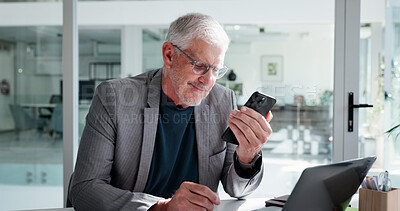 Buy stock photo Happy, employee and man with smartphone, texting or communication for investment opportunity on web. Business, wealth manager and mature person with mobile, online and chatting on social media app