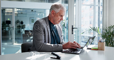 Buy stock photo Reading, typing or man with laptop in office, financial planning or create budget for company. Review department request, fund management or mature executive with money proposal, check draft or pc