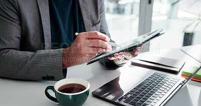 Buy stock photo Businessman, hands and pen with tablet for project planning, schedule or web design in office. Man, designer or creative employee with technology or laptop for online app, software or development