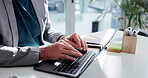 Typing, online and hands with laptop, office and research for proposal on website, info and project. Business, employee and person with tech for investment, digital report and planning for task