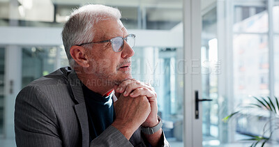 Buy stock photo Thinking, glasses and mature businessman in office for decision, reflection or memory in finance career. Planning, professional and male financial manager with choice for job development in workplace