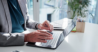 Buy stock photo Media agency, hands and man in office, laptop and deadline for news report, email and connection. Closeup, person and journalist in workplace, pc and research for article, creative project and tech