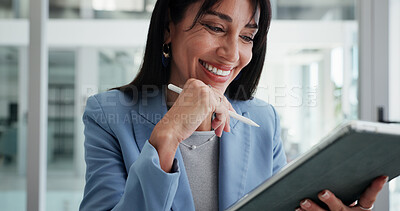 Buy stock photo Reading, smile or business woman with tablet in office, planning or check report for fund management. Review portfolio performance, happy or wealth manager monitor assets, track trade market or tech