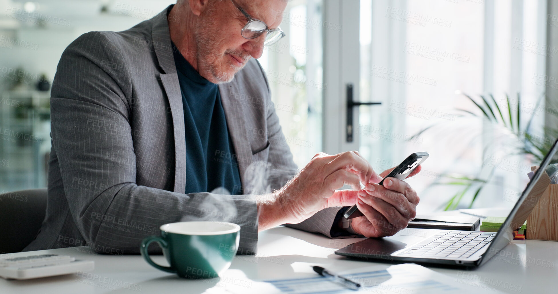 Buy stock photo Office, employee and man with smartphone, texting or communication for investment opportunity on web. Business, wealth manager and mature person with mobile, online and chatting on social media app