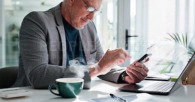 Buy stock photo Office, employee and man with smartphone, scroll and communication for investment opportunity on web. Business, wealth manager and mature person with mobile, typing and chatting on social media app