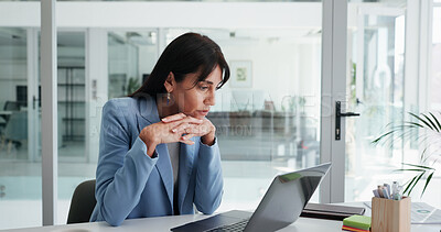 Buy stock photo Reading, mature or businesswoman with laptop in office, financial planning or create budget for company. Review department request, fund management or executive with money proposal, check draft or pc