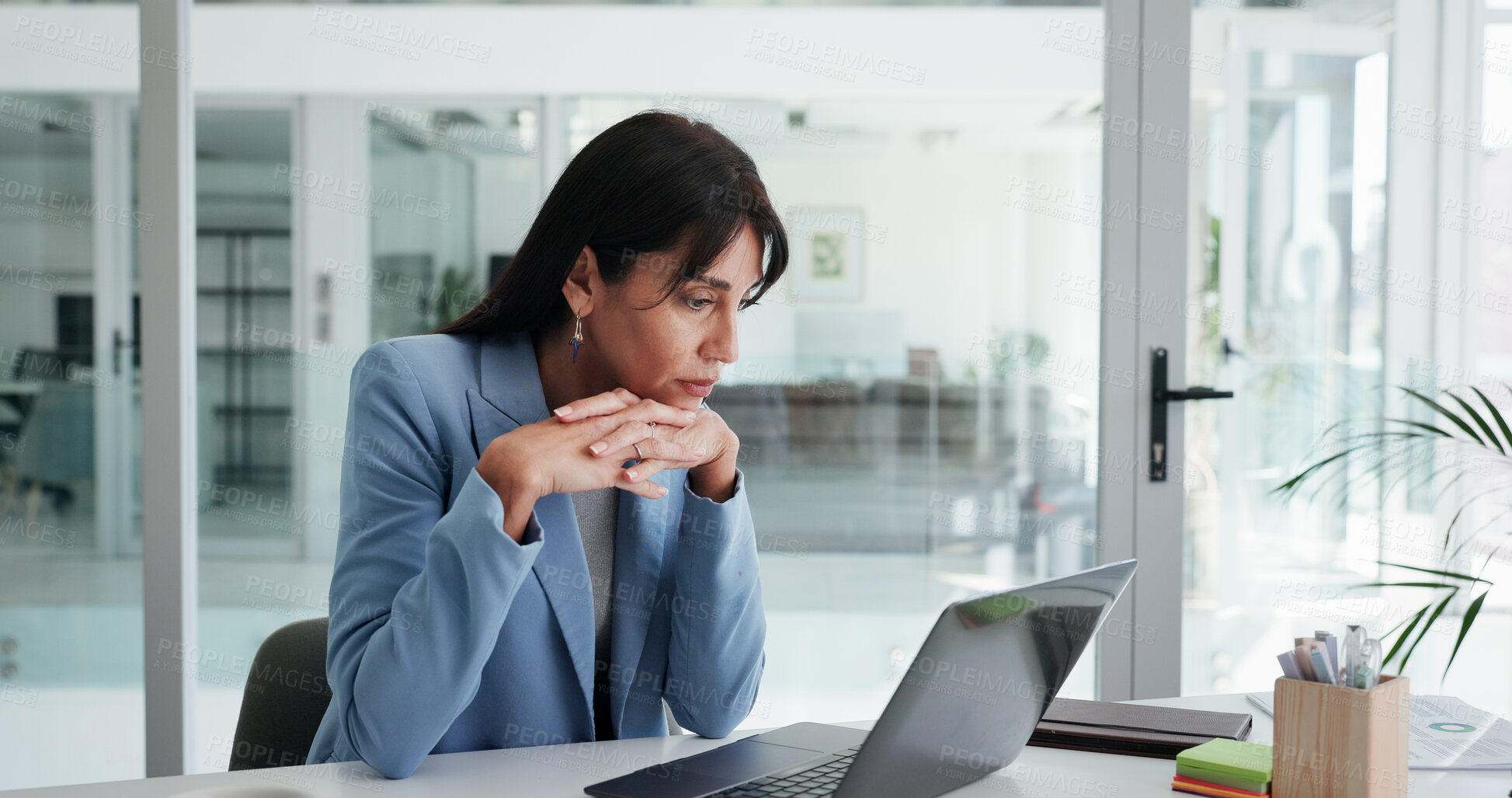 Buy stock photo Reading, mature or businesswoman with laptop in office, financial planning or create budget for company. Review department request, fund management or executive with money proposal, check draft or pc