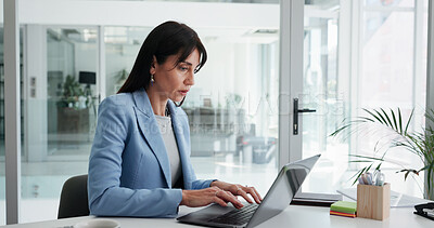 Buy stock photo Reading, typing or woman with laptop in office, financial planning or create budget for company. Review department request, fund management or mature executive with money proposal, check draft or pc