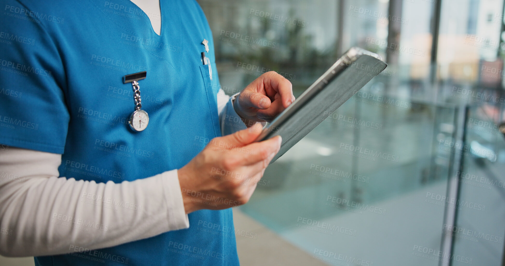 Buy stock photo Medical, scroll or hands in hospital with tablet, research or patient diagnosis in online consulting. Health, man or doctor in clinic with tech, telehealth or symptoms evaluation for treatment plan