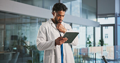 Buy stock photo Thinking, doctor and man in clinic, tablet and internet with email notification. Person, medical service or professional with solution, tech or decision with results, app and schedule with healthcare