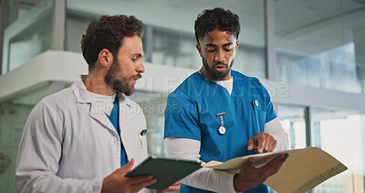 Buy stock photo Tablet, results and nurse with doctor in hospital lobby for advice with surgery, medicine or treatment plan. Teamwork, physician and man with info, document and support for healthcare professional