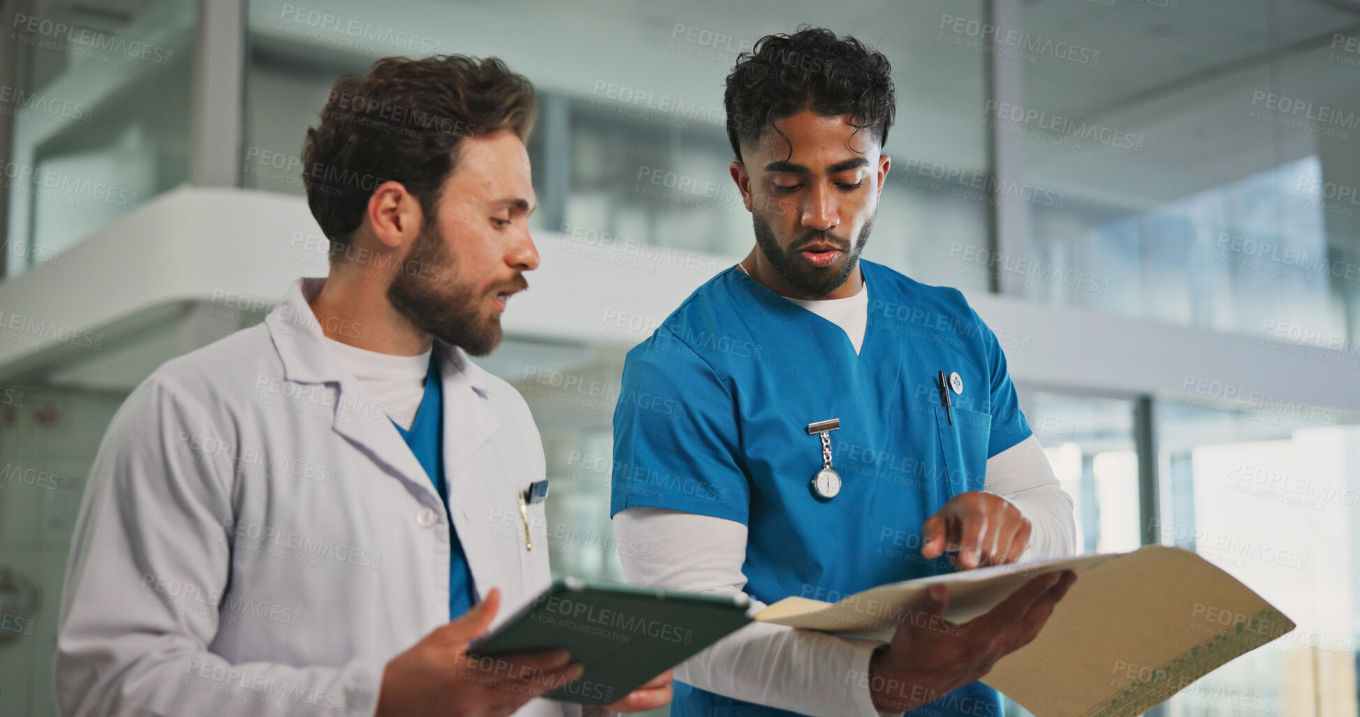 Buy stock photo Tablet, results and nurse with doctor in hospital lobby for advice with surgery, medicine or treatment plan. Teamwork, physician and man with info, document and support for healthcare professional