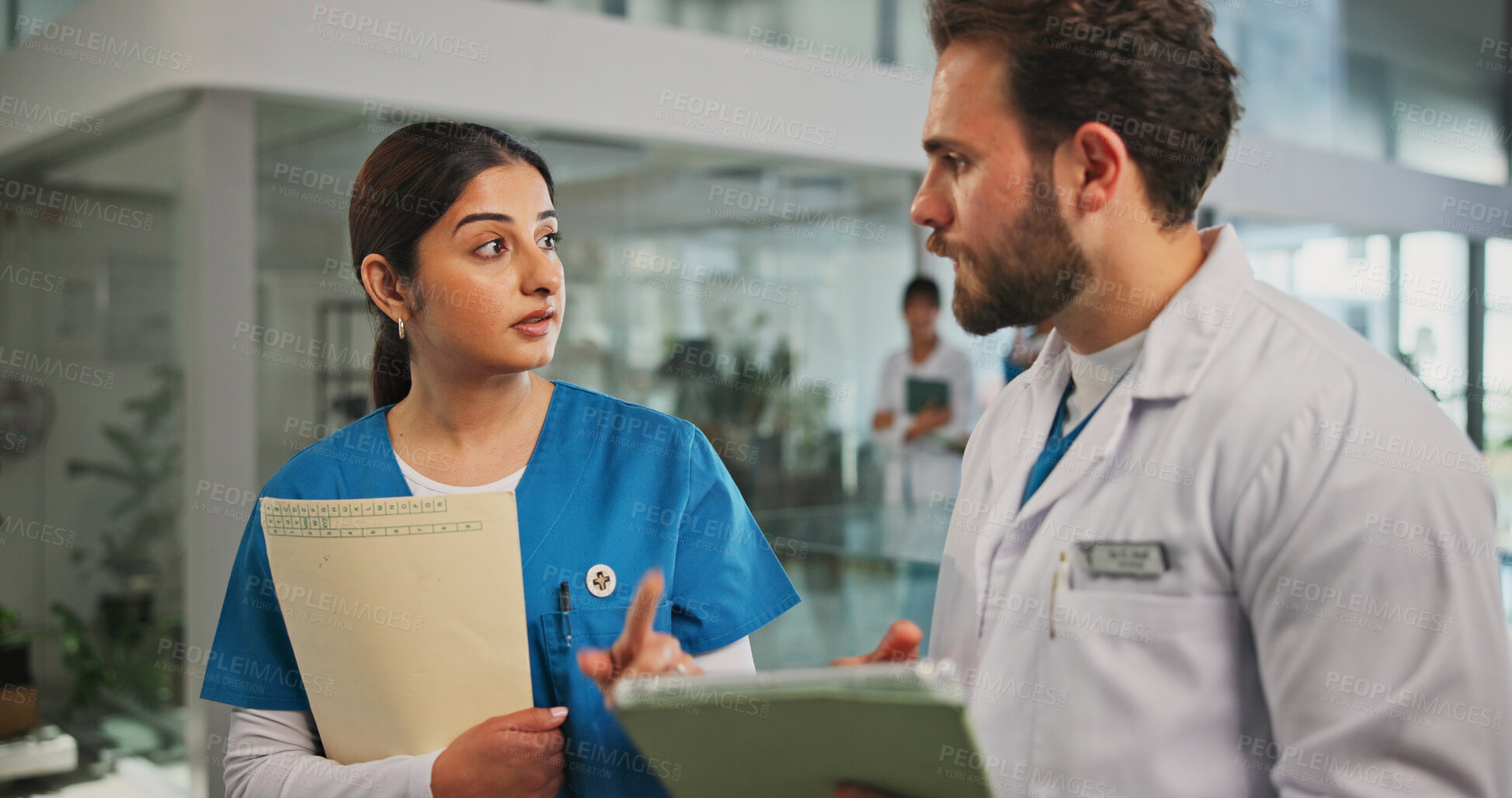 Buy stock photo Tablet, document and nurse with doctor in hospital lobby for advice with surgery, medicine or treatment plan. Teamwork, woman and man with information, report and support for healthcare professional