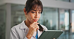Thinking, doctor and woman in hospital, tablet and choice with solution, test results and internet. Healthcare, medical service and person in clinic, tech or decision with app and online schedule