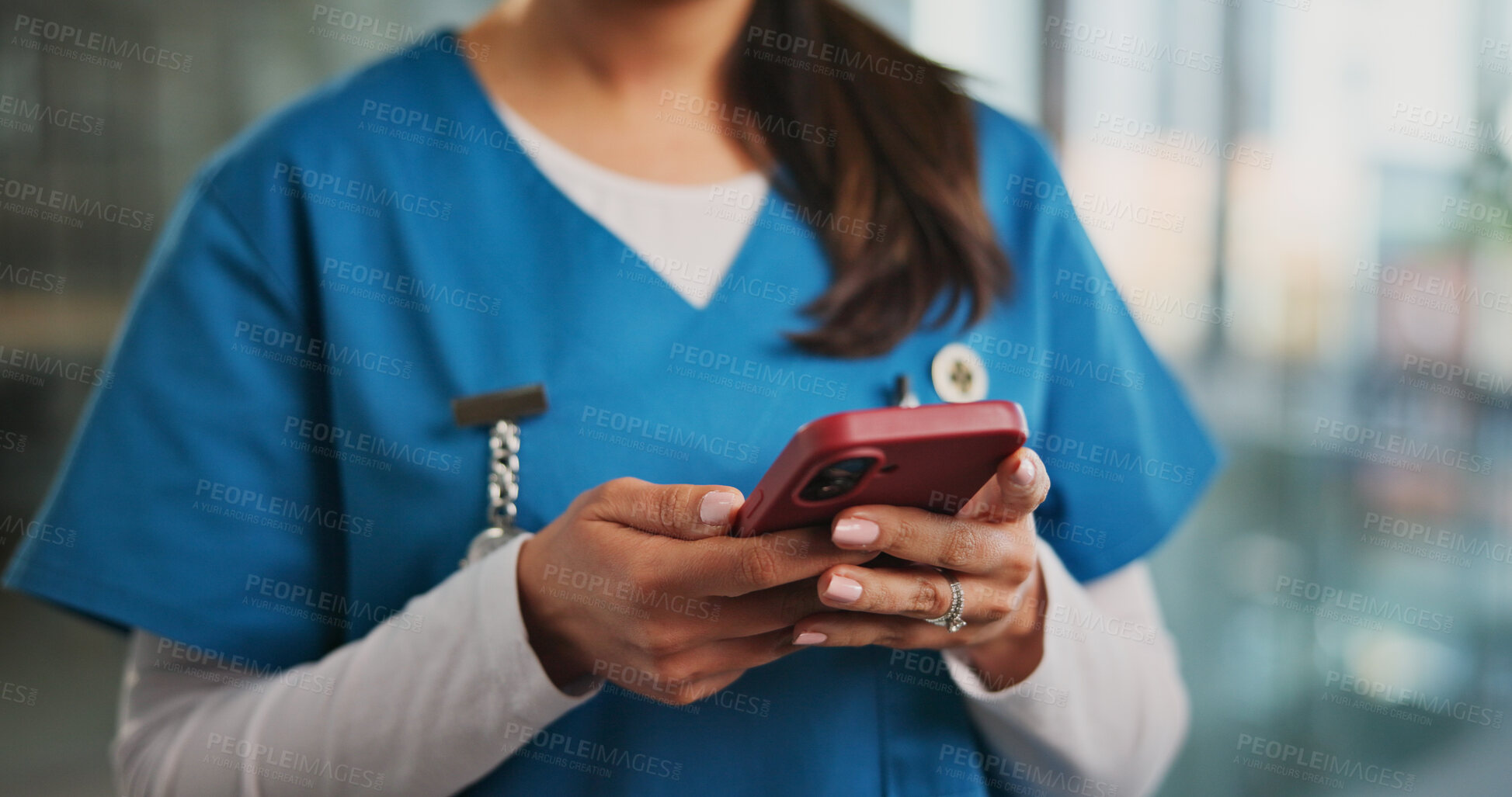 Buy stock photo Phone, hands and woman nurse in hospital with typing for texting, communication or email for telehealth. Service, technology and healthcare worker with cellphone for contact or medical support.