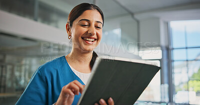 Buy stock photo Funny, nurse and woman in hospital, tablet and internet with email, healthcare and online schedule. Happy person, medical service and professional in clinic, tech or laughing with results and app