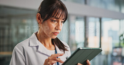 Buy stock photo Typing, doctor and woman in hospital, tablet and internet with email notification, app and healthcare. Person, medical service or professional in clinic, tech or network with test results or schedule