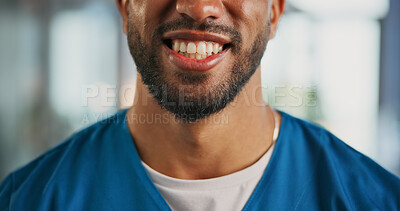 Buy stock photo Mouth, smile and dentist at clinic with closeup, oral wellness or confident with career. Person, dental hygiene expert and teeth whitening with results, changes or transformation in hospital corridor