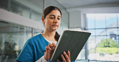 Buy stock photo Internet, doctor and woman in hospital, tablet and healthcare with email notification. Person, medical service or professional in clinic, tech or decision with results, digital app or online schedule