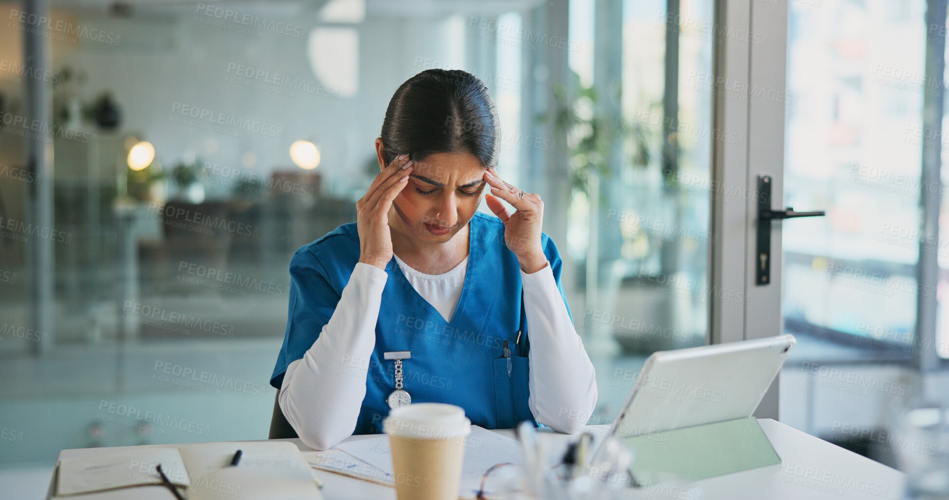 Buy stock photo Woman, nurse or headache with stress in office for overworked pressure, mistake or deadline. Frustrated, female person or healthcare worker with migrine, tablet or pain for strain, burnout or fatigue