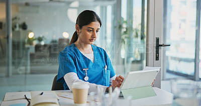 Buy stock photo Nurse, woman or typing on tablet in clinic for medical case review, treatment plan or telehealth app. Healthcare, female professional and tech for surgery schedule, health update or hospital database