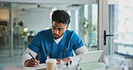 Man, nurse and writing with tablet for healthcare, prescription or notes in office. Patient report, administration and tech with medical professional for documents, schedule or planning in clinic