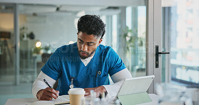 Buy stock photo Man, nurse and writing with notebook for healthcare, prescription or notes in office. Patient report, administration and tech with medical professional for documents, schedule or planning in clinic