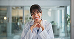 Portrait, doctor and happy woman in hospital, healthcare and career ambition with pride. Professional, mature person and employee in clinic, confidence and medical service with success and trust