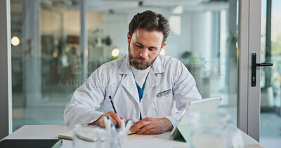 Buy stock photo Man, doctor and writing in office with tablet for healthcare, prescription or notes. Patient report, administration and tech with medical professional for documents, schedule or planning in clinic