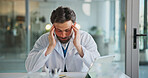 Headache, doctor and man in hospital, pain and stress with pressure, tension and tired. Person, medical service and employee in clinic, migraine and burnout with anxiety, frustrated and brain fog
