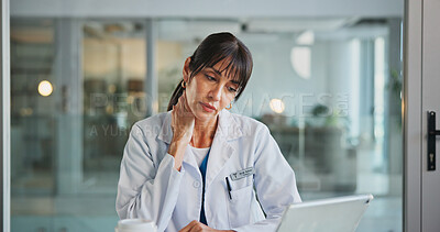Buy stock photo Tired, doctor and woman with laptop, hospital and reading medical diagnosis on website or exhausted. Clinic, healthcare worker and mature person with tech for test results, pressure and overworked