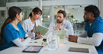Buy stock photo Nurses, doctors and tablet with discussion in meeting for surgery schedule, clinic budget or update. Medical team, people and feedback with tech in hospital for health results and treatment options