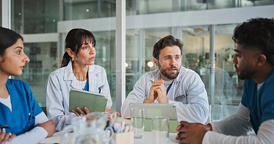Buy stock photo Meeting, team and nurses with doctors in office for medical case review, treatment plan or research. Patient history, healthcare result and collaboration with people talking for clinic report