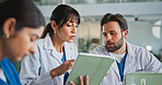 Tablet, team and discussion with doctors in office for medical case review, treatment plan or research. Patient history, online healthcare result and collaboration with people for clinic report