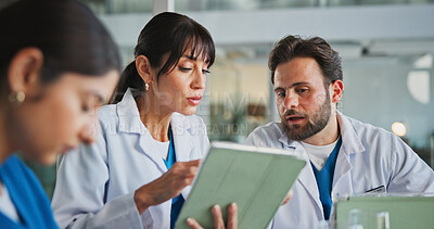 Buy stock photo Tablet, team and discussion with doctors in office for medical case review, treatment plan or research. Patient history, online healthcare result and collaboration with people for clinic report