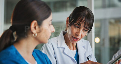 Buy stock photo Nurse, team and discussion with doctors in office for medical case review, treatment plan or research. Patient history, healthcare result and collaboration with people in hospital for clinic report