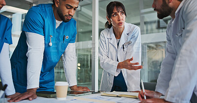 Buy stock photo Hospital, people and doctors with paperwork, discussion and colleagues with medical reports or team. Clinic, collaboration and group with documents for treatment plan, talking and patient records