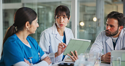 Buy stock photo Nurse, doctors and tablet with discussion in clinic for surgery schedule, task delegation or planning. Medical team, people and meeting with tech in hospital for health results, workflow and feedback