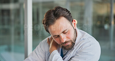 Buy stock photo Shoulder pain, doctor and man in hospital, healthcare and inflammation with joint injury. Medical service, professional and person in clinic, upset and discomfort with burnout, muscle tension or ache
