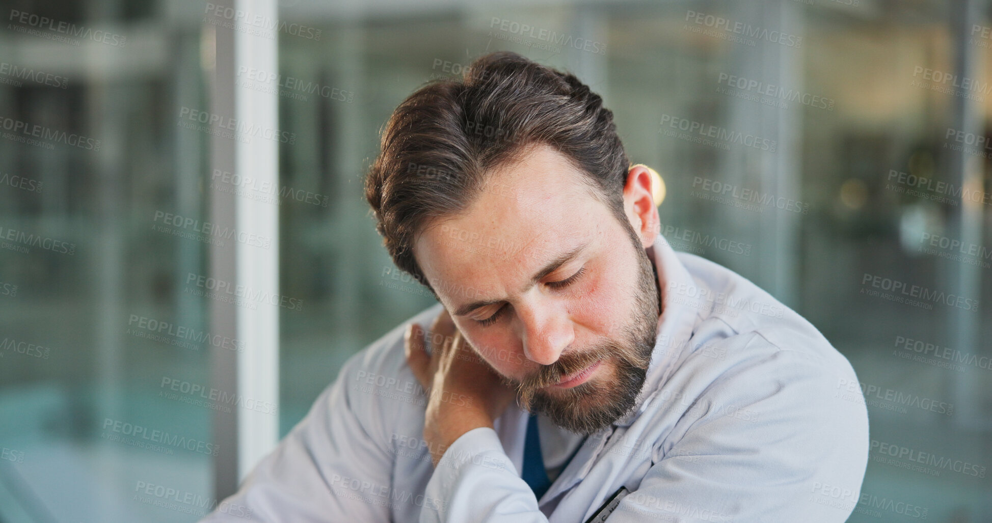 Buy stock photo Shoulder pain, doctor and man in hospital, healthcare and inflammation with joint injury. Medical service, professional and person in clinic, upset and discomfort with burnout, muscle tension or ache