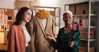 Buy stock photo Women, live streaming and fashion startup with phone for brand awareness. People, content creation and entrepreneur with ecommerce promotion, advertising clothes on social media and app for broadcast