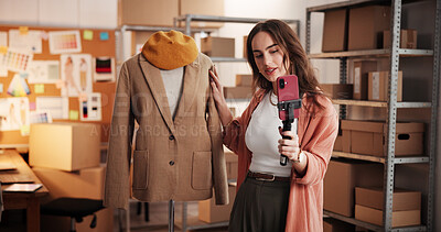 Buy stock photo Woman, live streaming and fashion with phone for brand awareness, talking and broadcast. Person, small business and entrepreneur with ecommerce promotion, advertising clothes and content creation