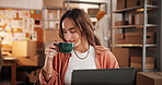 Woman, smell and coffee with laptop at small business to start day, espresso aroma and supply chain. Person, morning beverage and enjoy caffeine for logistics, inventory management and ecommerce
