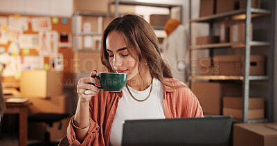 Buy stock photo Woman, smell and coffee with laptop at small business to start day, espresso aroma and supply chain. Person, morning beverage and enjoy caffeine for logistics, inventory management and ecommerce