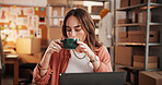 Woman, drinking and coffee with laptop at small business to start day, espresso aroma and supply chain. Person, morning beverage and enjoy caffeine for logistics, inventory management and ecommerce
