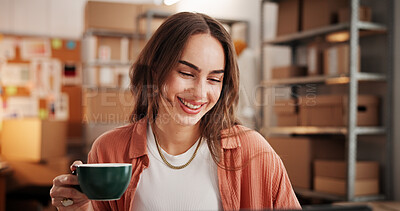 Buy stock photo Logistics, woman and coffee with laptop in ecommerce for online order, track delivery or shipping. Small business owner, tea and happy with tech in warehouse for sales report and inventory management